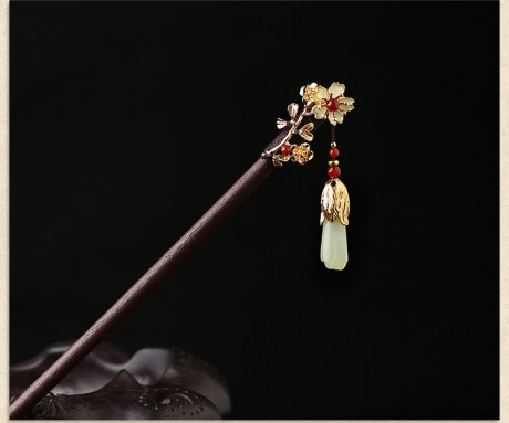 古典花朵頭飾：古風花朵岫玉流蘇發簪木簪子