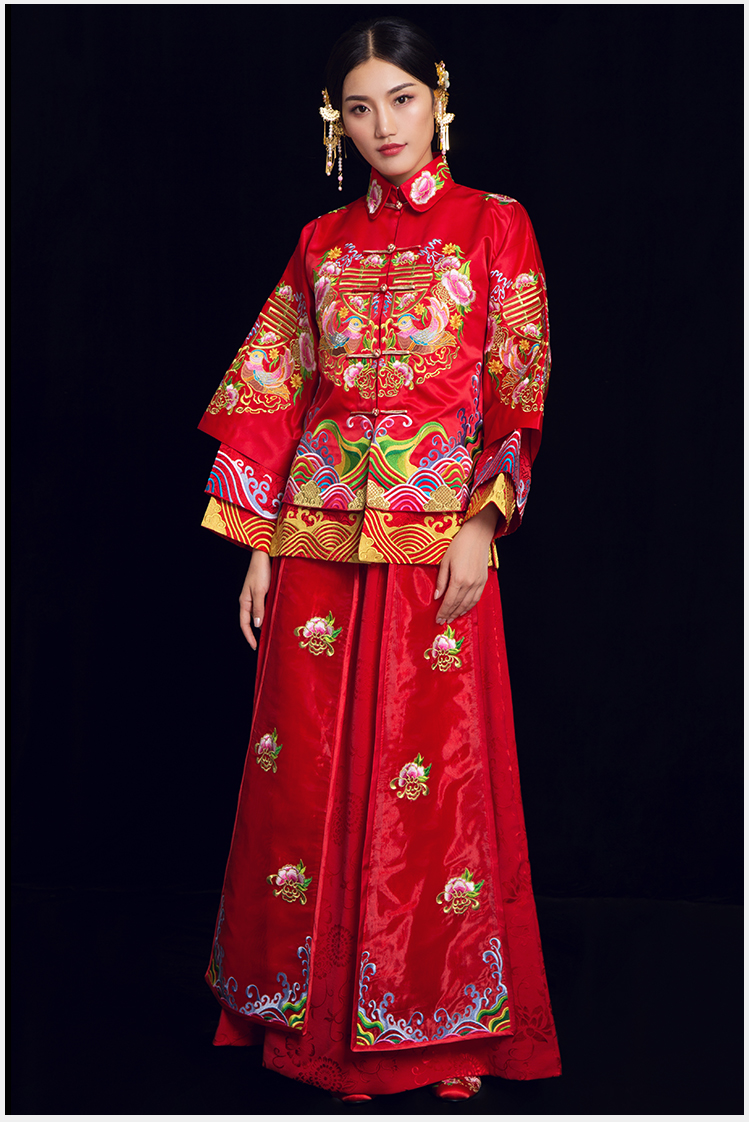 喜締鴛鴦中式禮服，喜字鴛鴦刺繡新娘禮服