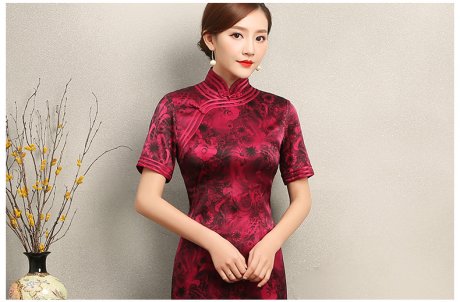 紅色短袖旗袍，復古包邊印花旗袍裙