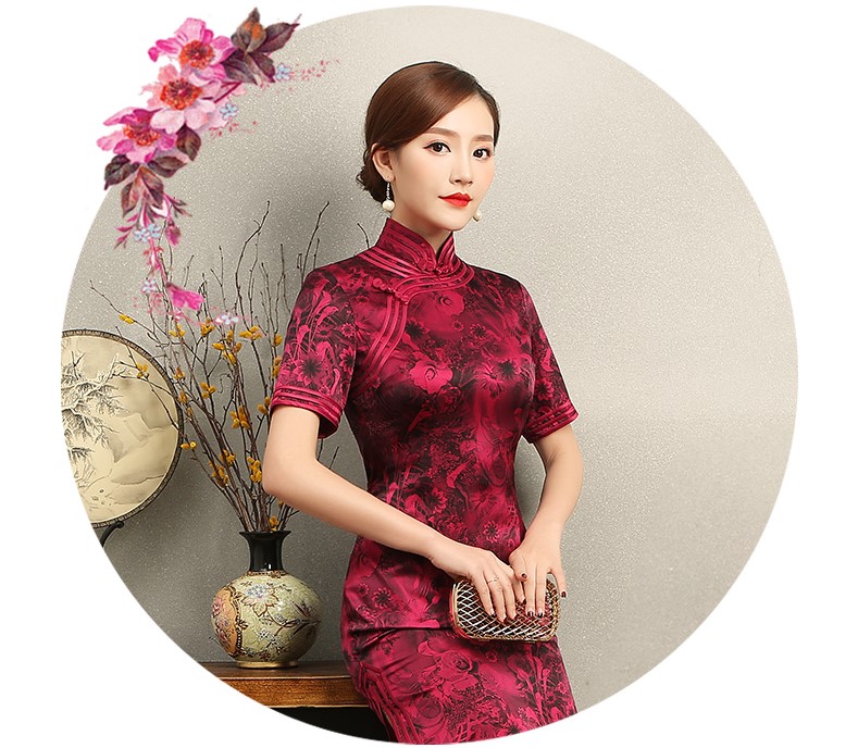 紅色短袖旗袍，復古包邊印花旗袍裙