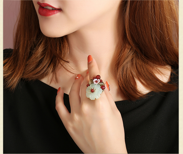 岫玉花朵民族風(fēng)開(kāi)口戒指飾品