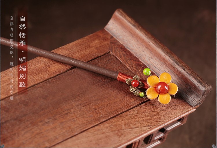 亮黃色花朵發簪，古風古風盤發木簪子頭飾