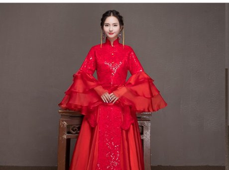 荷葉邊袖新娘結婚禮服，優雅網紗蓬松中式禮服