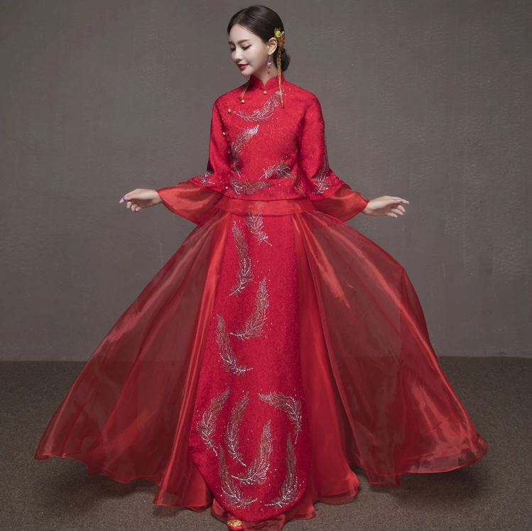 羽毛圖案新娘結(jié)婚禮服，簡(jiǎn)約大氣中式禮服