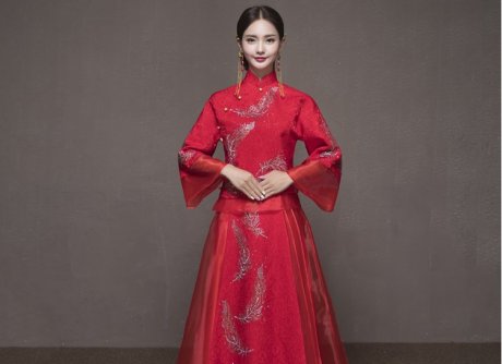 羽毛圖案新娘結婚禮服，簡約大氣中式禮服