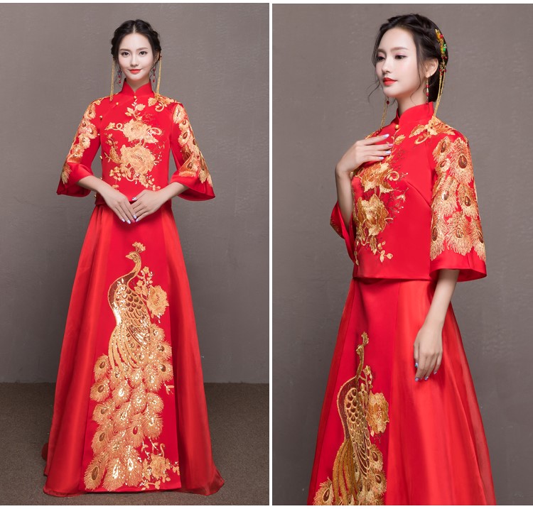 靈動金色孔雀中式禮服，唯美新娘禮服