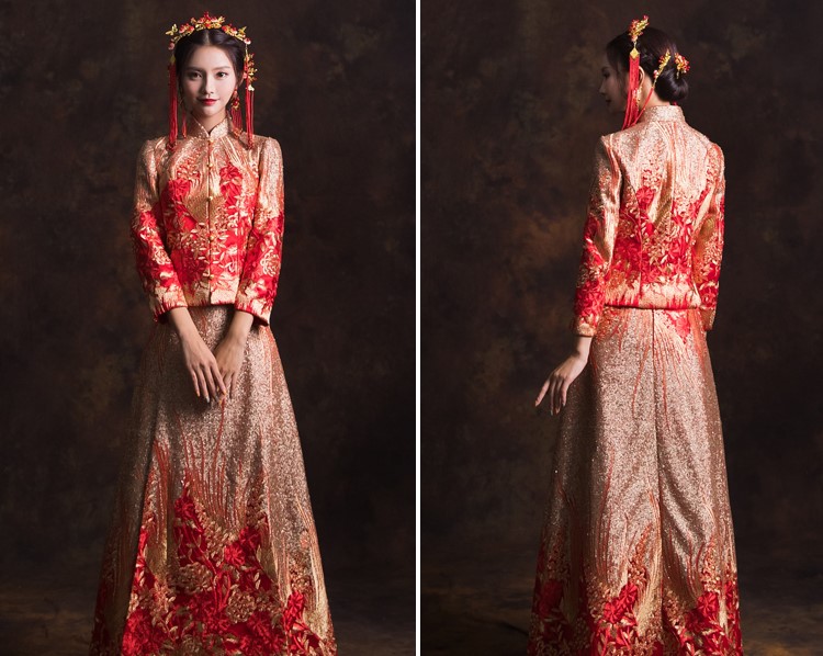 古典新娘結婚禮服，喜悅花朵中式禮服