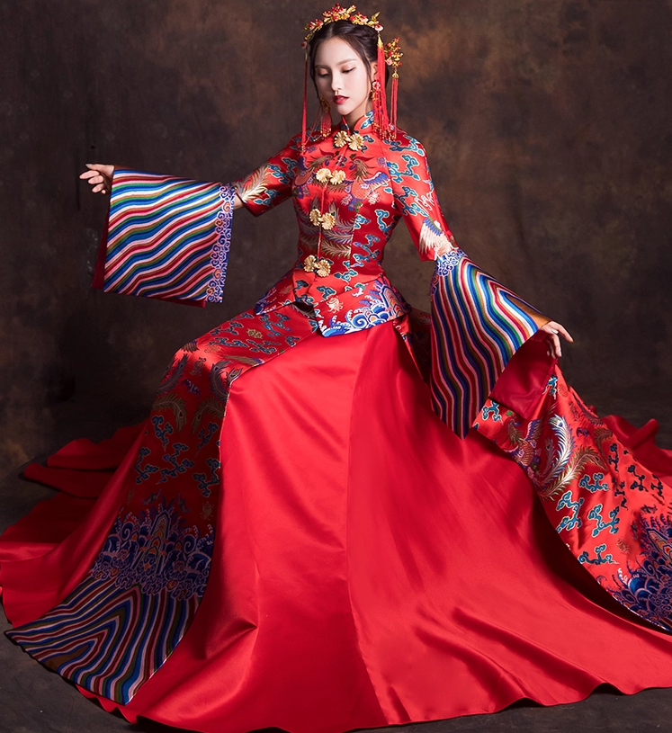 創意袖口新娘結婚禮服，奢華拖尾中式禮服