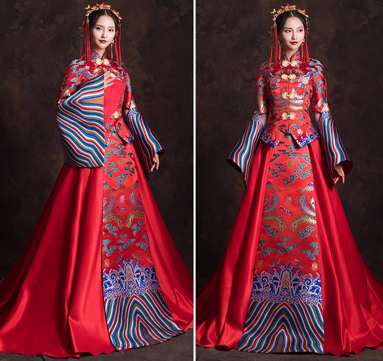 創意袖口新娘結婚禮服，奢華拖尾中式禮服