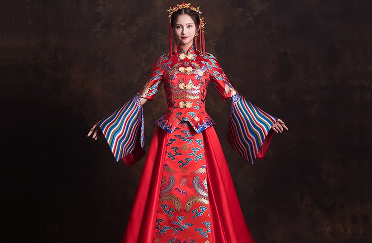 創意袖口新娘結婚禮服，奢華拖尾中式禮服