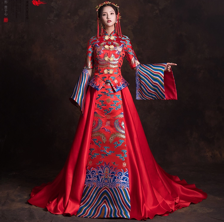 創意袖口新娘結婚禮服，奢華拖尾中式禮服