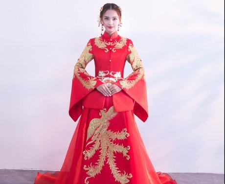 金色鳳凰刺繡新娘結婚禮服，奢華拖尾中式禮服