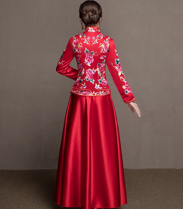 牡丹花新娘結婚禮服，金風裙擺中式禮服