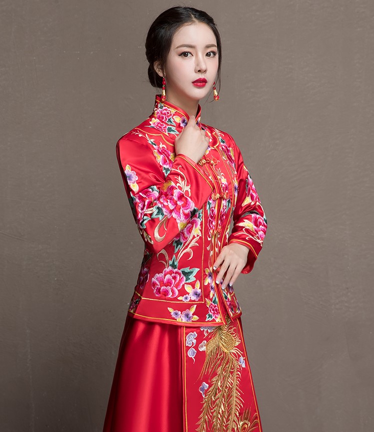 牡丹花新娘結婚禮服，金風裙擺中式禮服