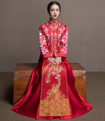 牡丹花新娘結婚禮服，金風裙擺中式禮服
