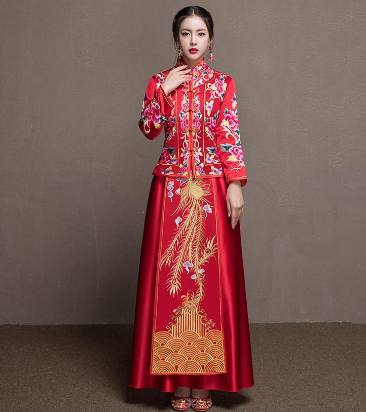 牡丹花新娘結婚禮服，金風裙擺中式禮服