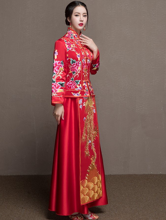 牡丹花新娘結婚禮服，金風裙擺中式禮服
