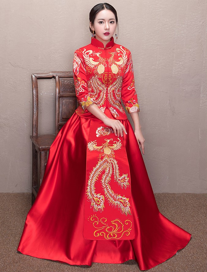 古典中國風(fēng)喜字新娘禮服,鳳凰刺繡中式禮服