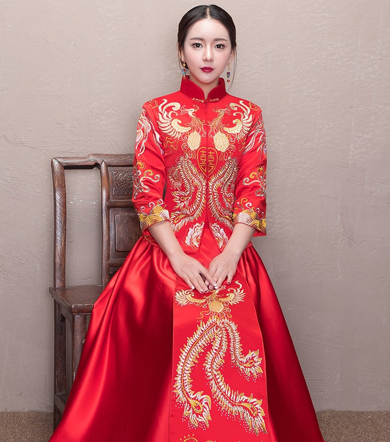古典中國風(fēng)喜字新娘禮服,鳳凰刺繡中式禮服