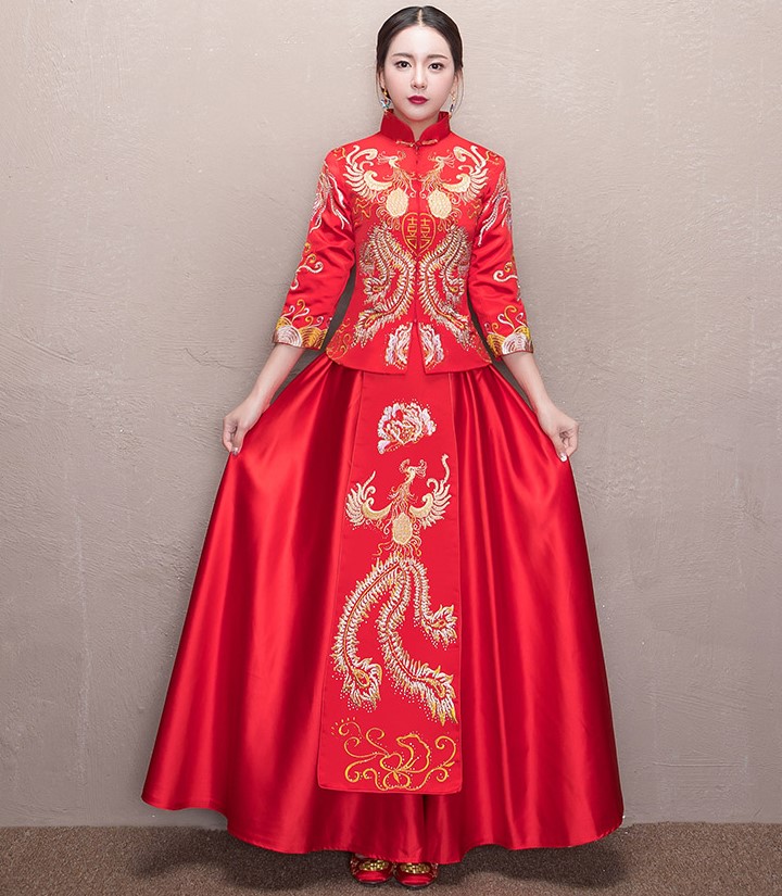 古典中國風(fēng)喜字新娘禮服,鳳凰刺繡中式禮服