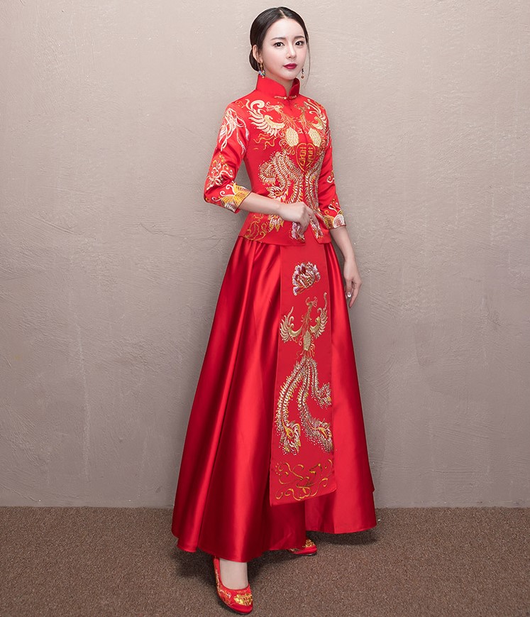 古典中國風(fēng)喜字新娘禮服,鳳凰刺繡中式禮服