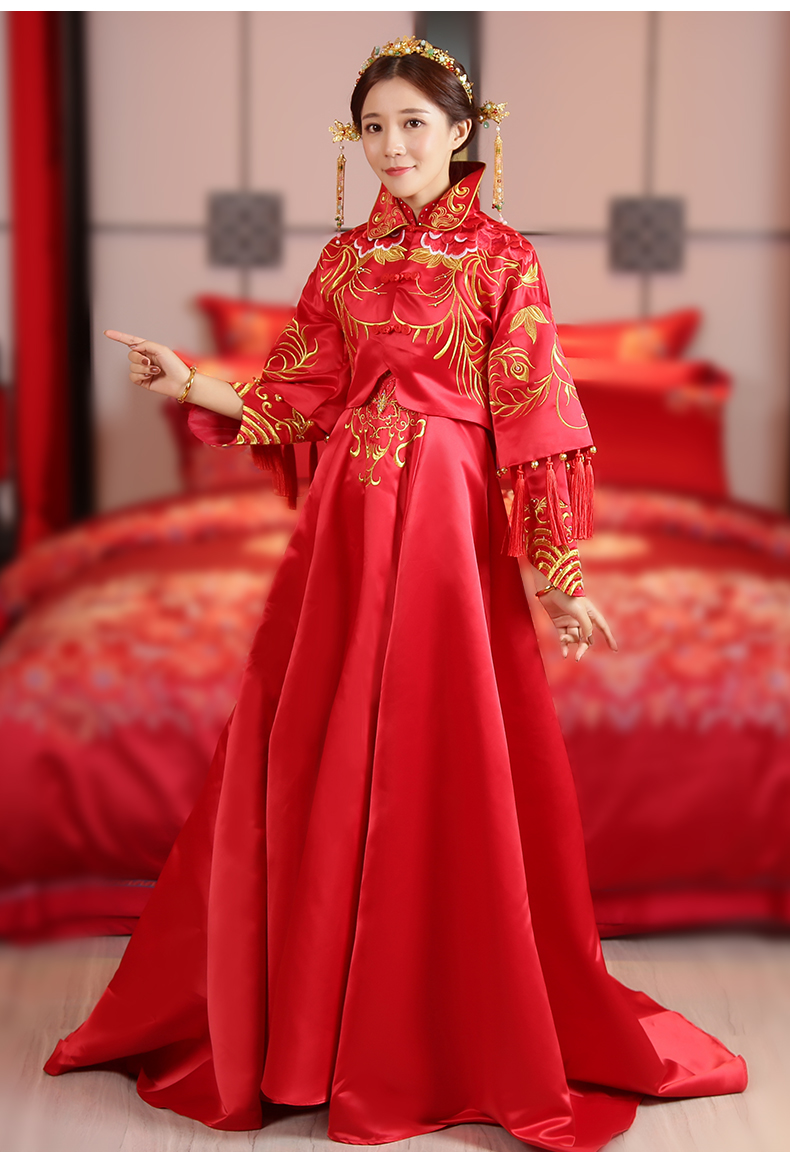 中國紅氣質拖尾新娘禮服,唯美刺繡中式禮服