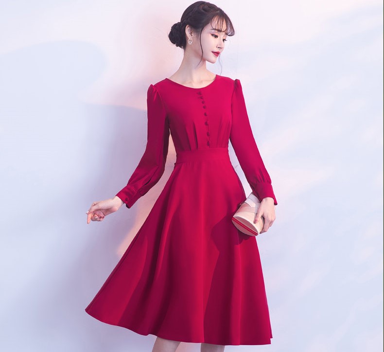紅色長袖收腰中式禮服，時尚蝴蝶結晚禮服