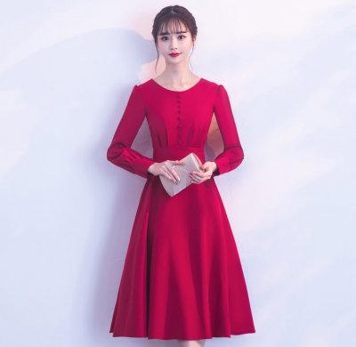 紅色長袖收腰中式禮服，時尚蝴蝶結晚禮服
