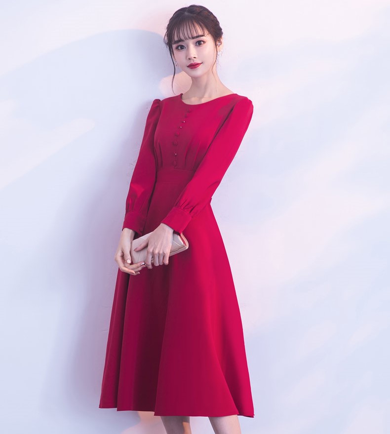 紅色長袖收腰中式禮服，時尚蝴蝶結晚禮服