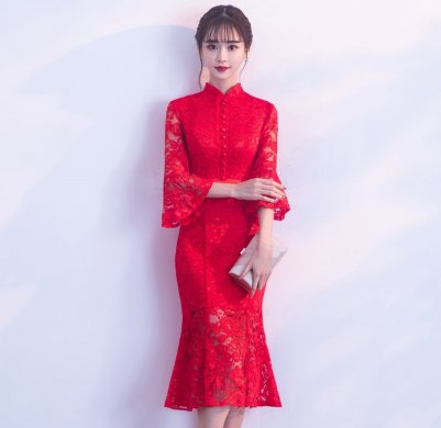 紅色性感蕾絲中式禮服，中式復古晚禮服
