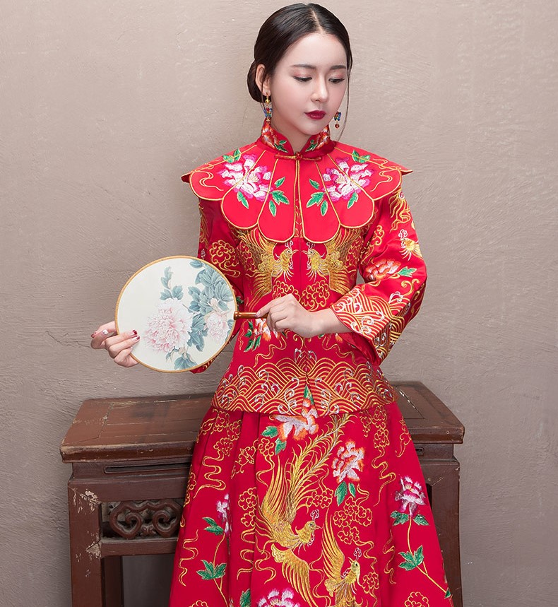 牡丹花領新娘禮服，古典刺繡中式禮服