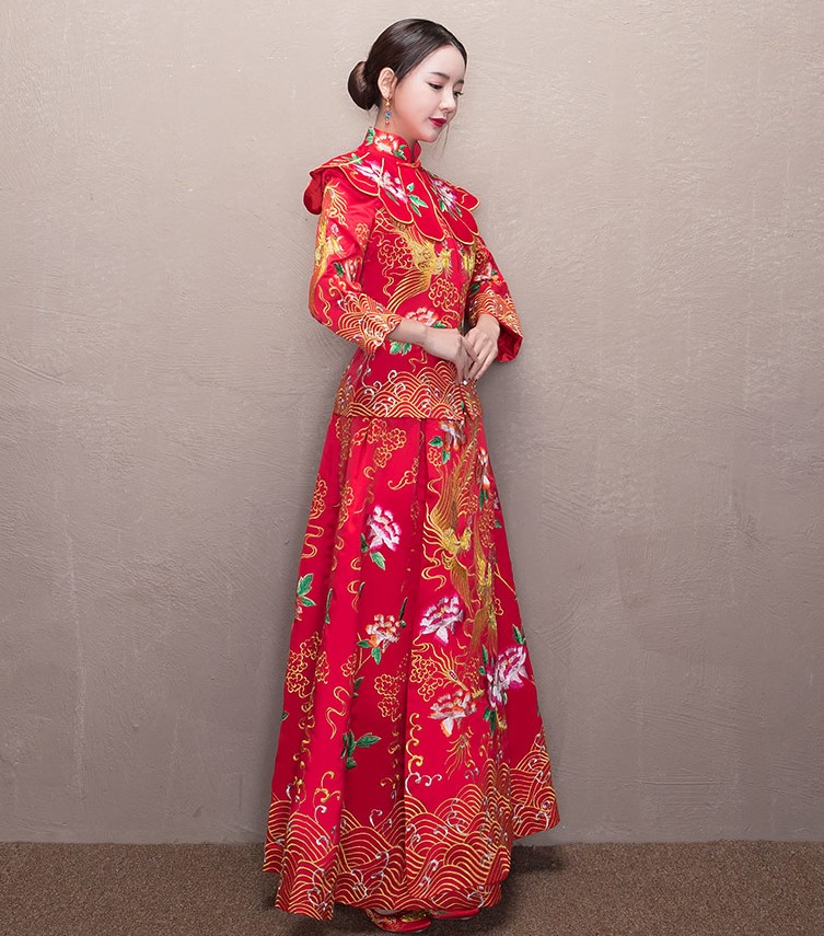 牡丹花領新娘禮服，古典刺繡中式禮服