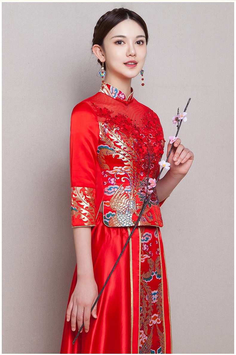 古典華麗新娘禮服，復(fù)古蕾絲中式禮服