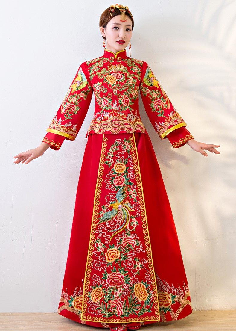 唯美中國風中式禮服，鳳牡丹刺繡新娘禮服