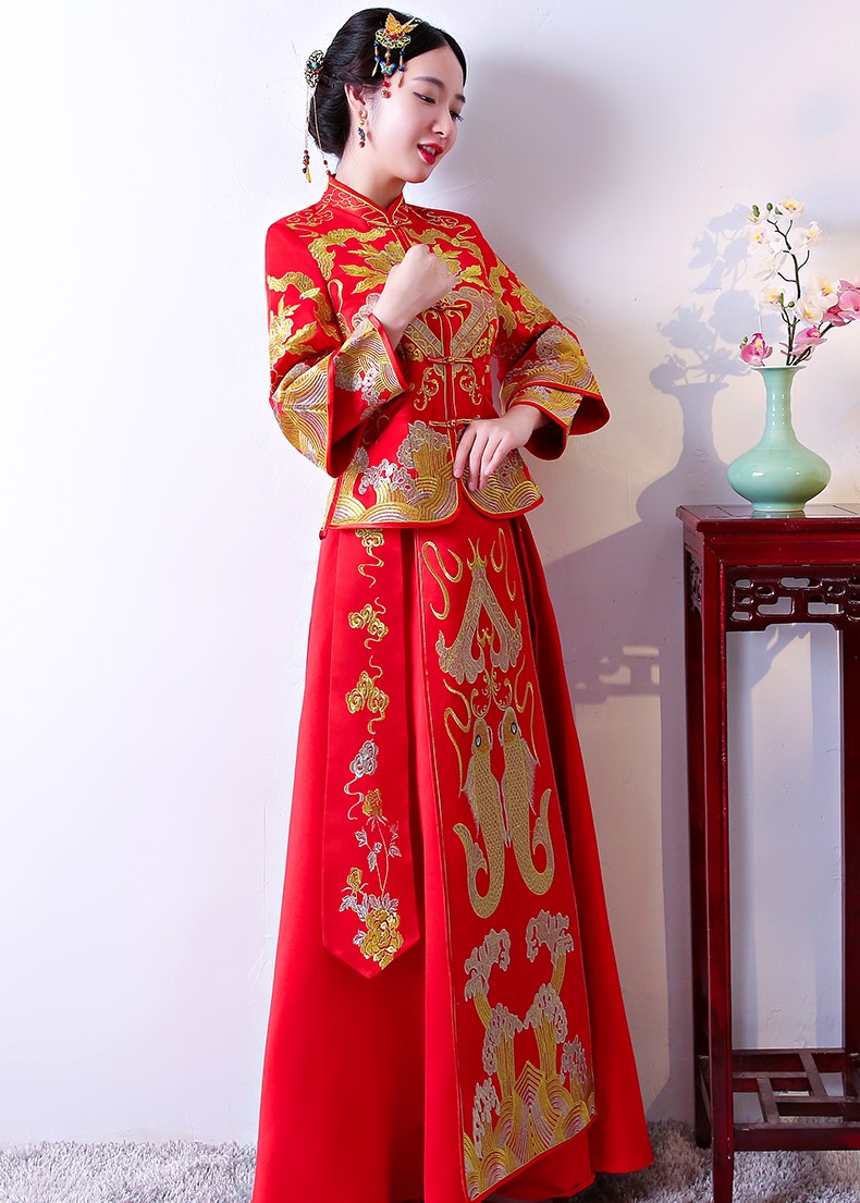 古典吉祥中式禮服，唯美鯉魚刺繡新娘禮服