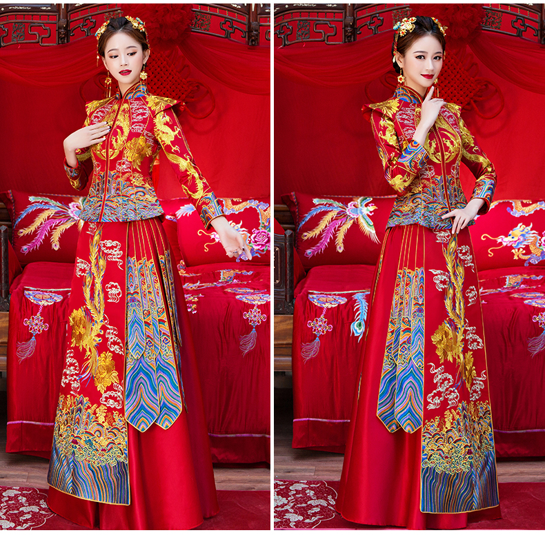 花開(kāi)牡丹中式禮服，古韻悠揚(yáng)奢華刺繡新娘禮服
