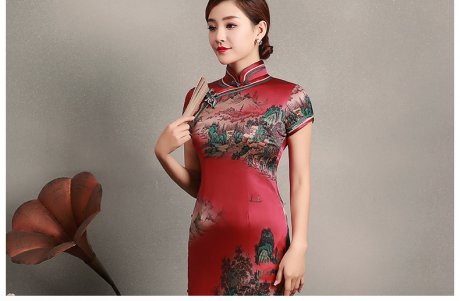 紅色山岳短袖旗袍，蠶絲時(shí)尚旗袍裙