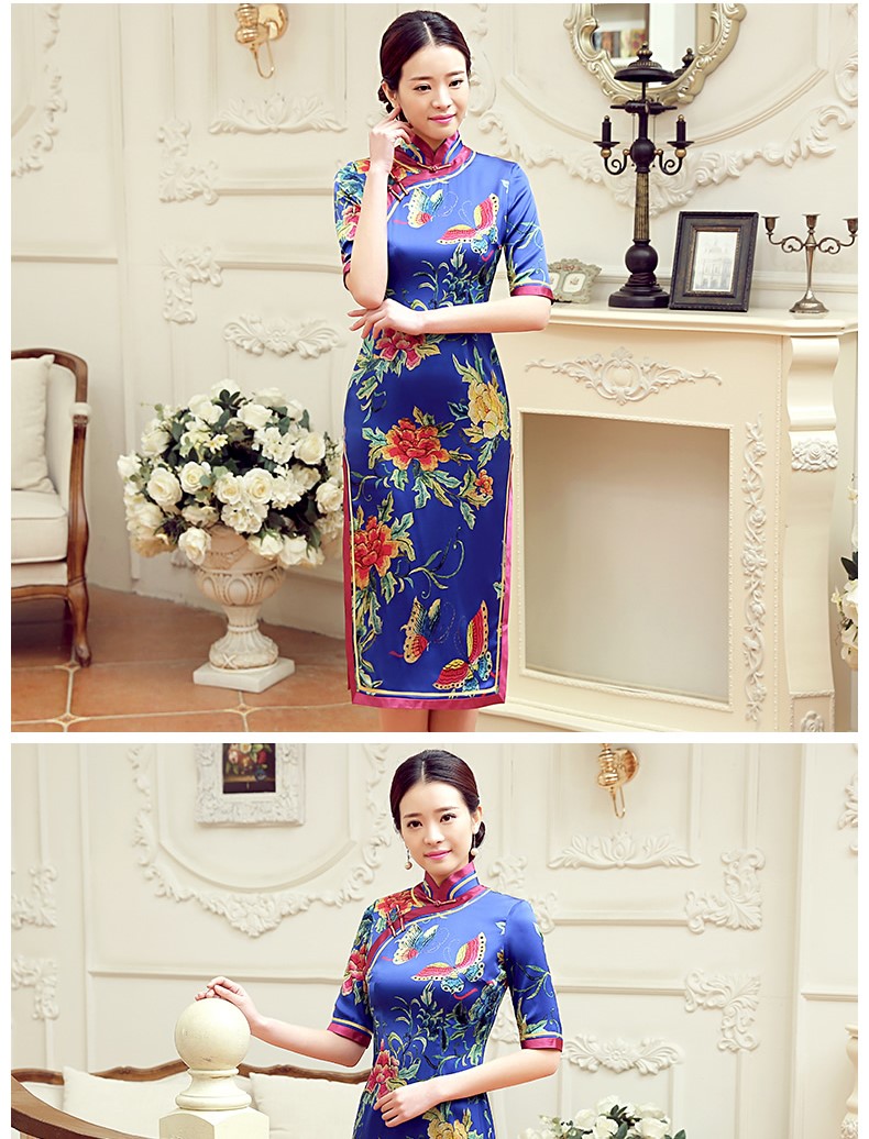 復(fù)古蝶花舞短袖旗袍，蠶絲時(shí)尚旗袍裙