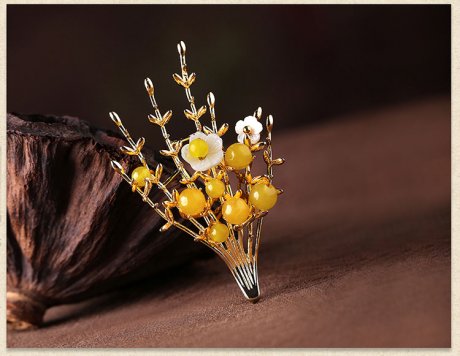 黃瑪瑙中國風氣質胸針，唯美清新復古胸花