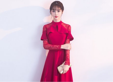 紅色長款中式禮服，荷葉邊氣質晚禮服裙