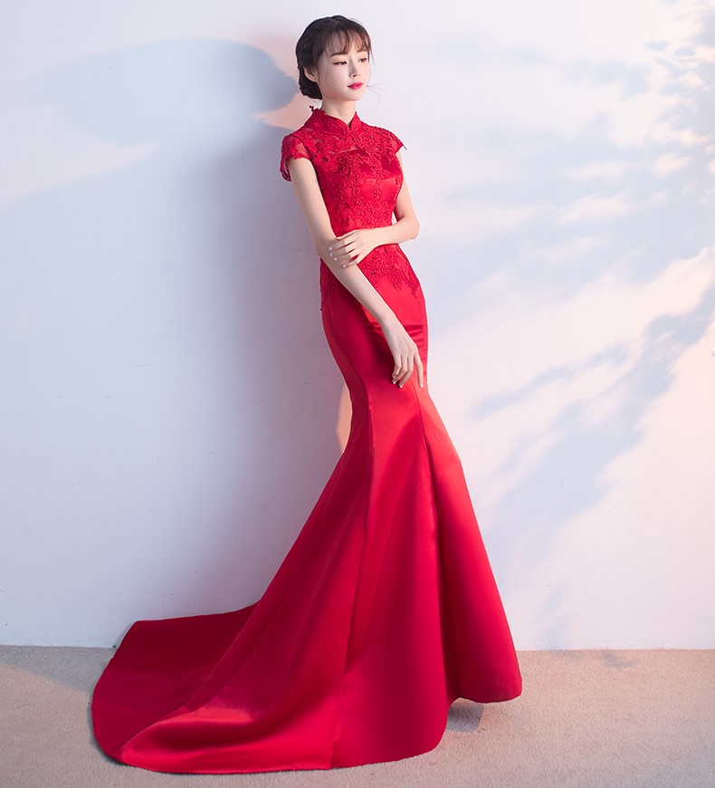 時(shí)尚魚尾拖尾中式禮服，蕾絲氣質(zhì)晚禮服
