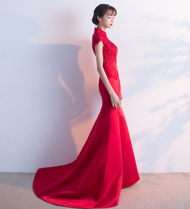 時(shí)尚魚尾拖尾中式禮服，蕾絲氣質(zhì)晚禮服