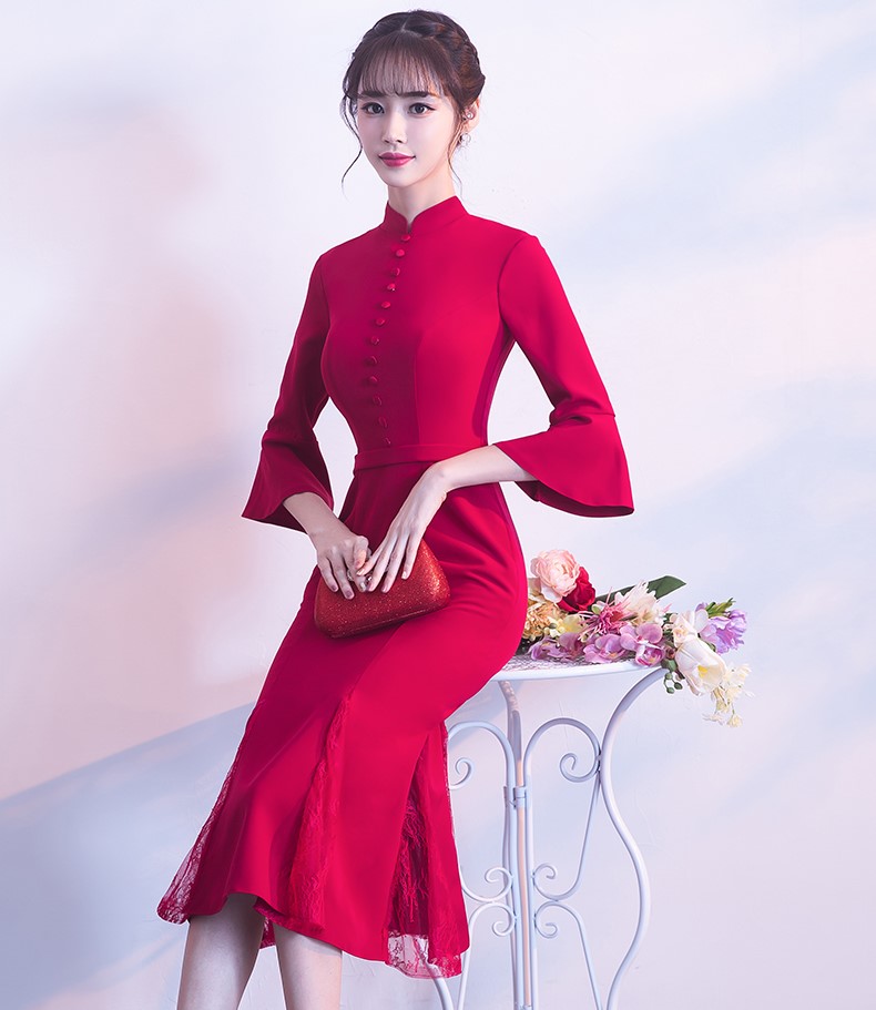 復古魚尾中式禮服，氣質修身晚禮服