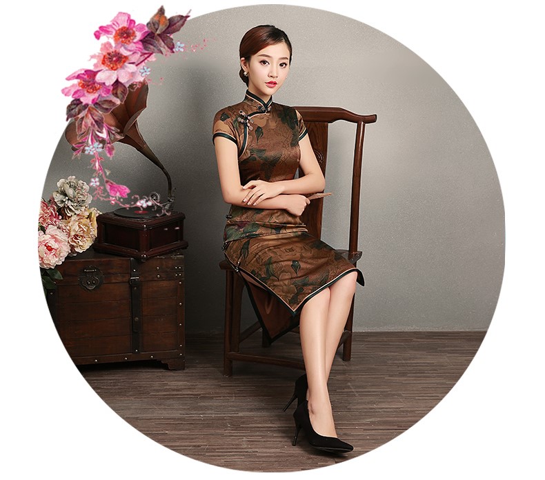 復古風沉今短袖旗袍，蠶絲印花旗袍裙
