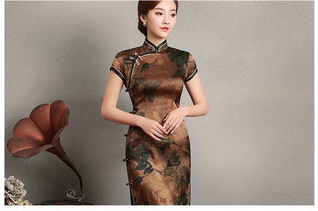 復古風沉今短袖旗袍，蠶絲印花旗袍裙