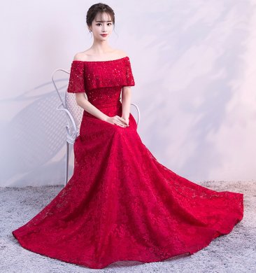優雅一字肩中式禮服,中國風晚禮服