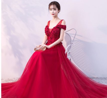 優雅雙肩中式禮服,中國風立體繡花晚禮服