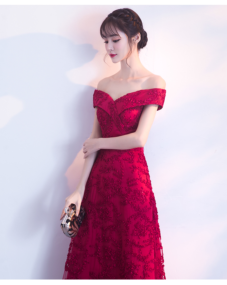 一字肩中式禮服，甜美蕾絲花晚禮服