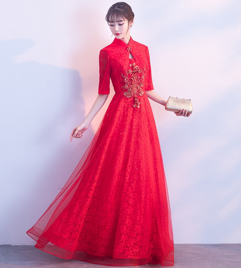 典雅氣質中式禮服，網紗蕾絲晚禮服