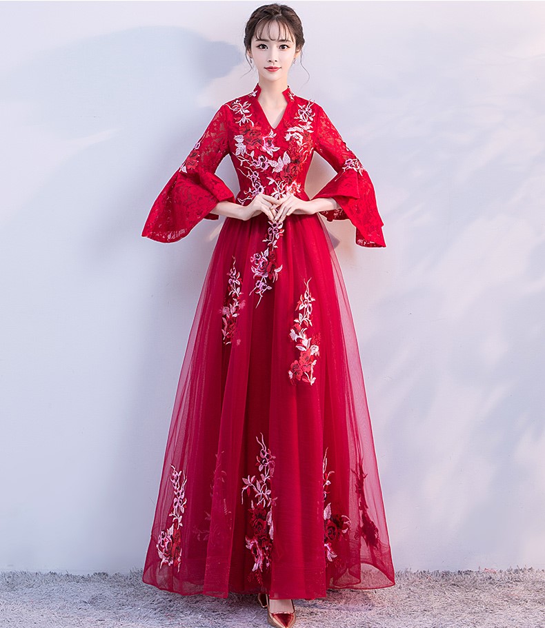 時尚喇叭袖中式禮服，性感唯美晚禮服